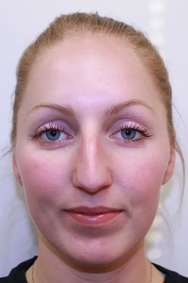 Portrait of a woman with blue eyes.